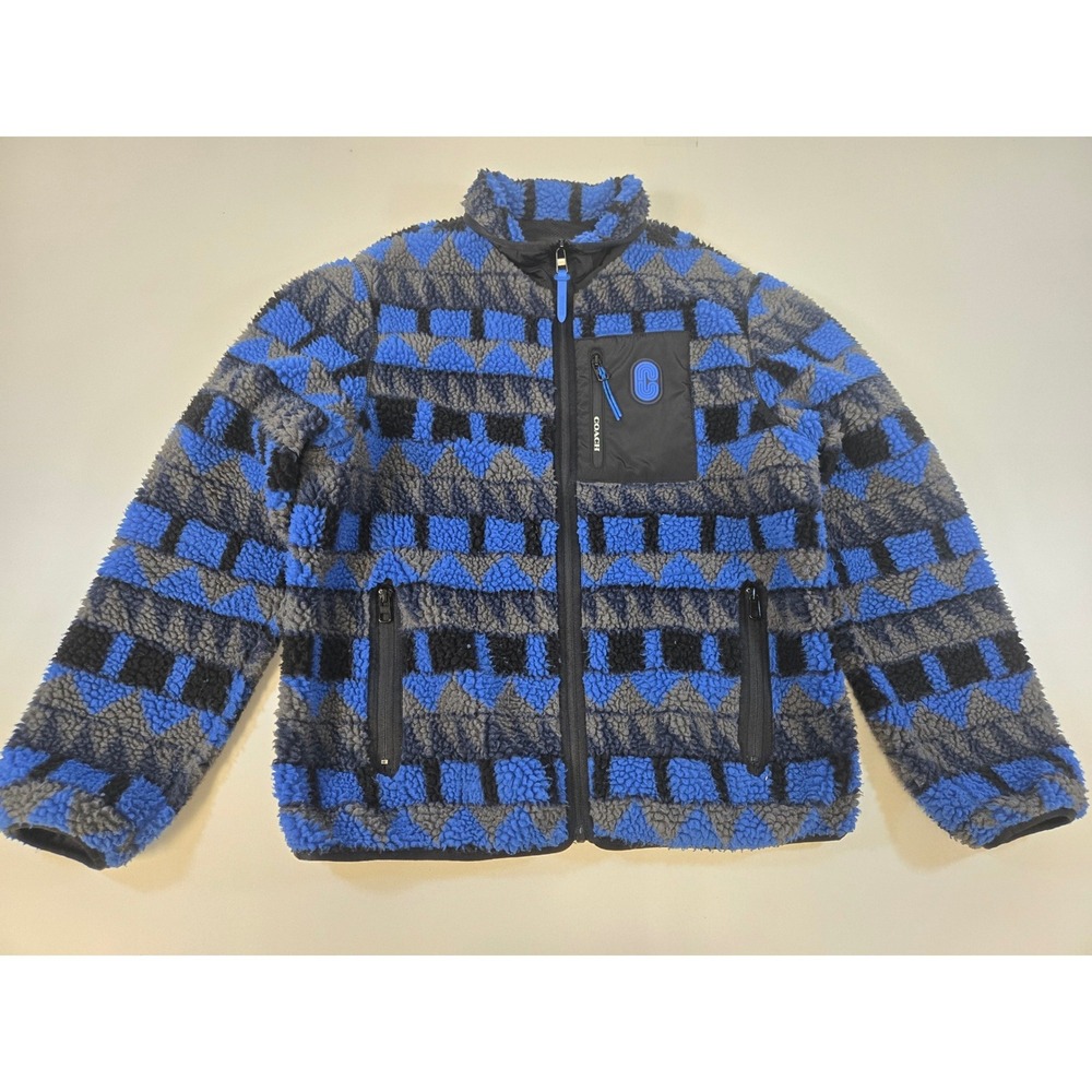 Coach New York Mens Sherpa Fleece Jacket Blue Grey Geometric Full Zip Size M